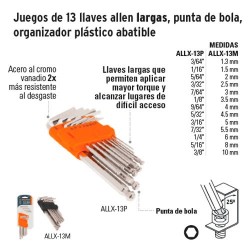Juego Llaves Allen 13 Piezas Milimetrico Largas Punta de Bola y Organizador  Plastico, ALLX-13M 13646 Truper
