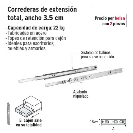 Corredera de Extension Total Ancho 3.5 cm HERMEX