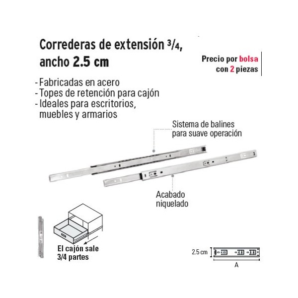 Compra en Linea Corredera de Extension ¾ Ancho 2.5 cm HERMEX en...