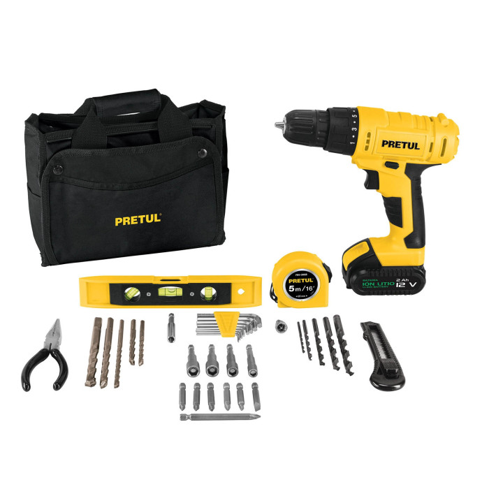 Taladro Inalámbrico 3/8" 12V y Kit Con 35 Accesorios PRETUL
