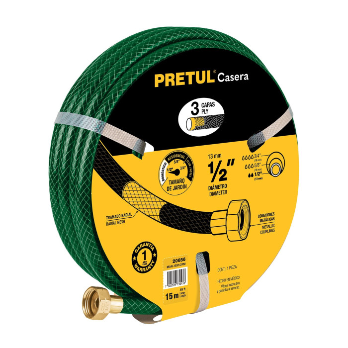 Manguera 1/2" reforzada 3 capas conexiones metal 15m PRETUL