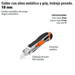 CUTTER – CUCHILLA CON ALMA METALICA Y GRIP – TRABAJO PESADO - (CUT-6XX) –  18 mm. – TRUPER