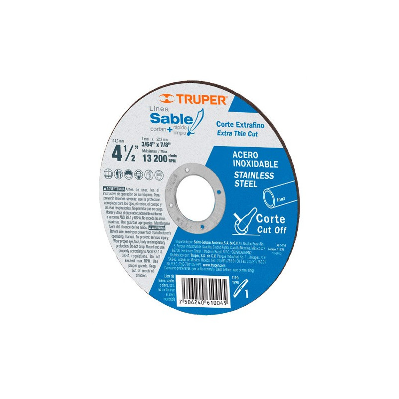 Disco Abrasivo Para Corte Extrafino de Acero Inoxidable Alto Rendimiento TRUPER Disco Abrasivo Para Corte Extrafino de Acero Inoxidable Alto Rendimiento TRUPER