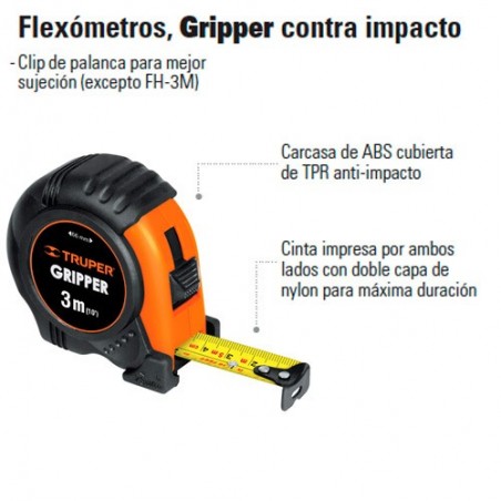 Flexómetro Gripper TRUPER 5 metros, cinta de 19 mm Mod. FH-5M