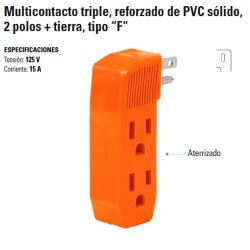 Multicontacto Triple Reforzado de PVC Solido 2 Polos + Tierra Tipo "F"