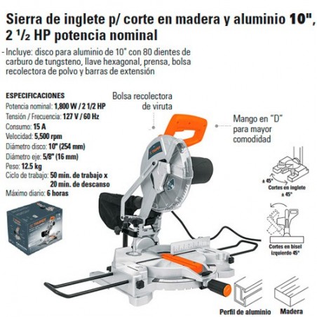 Sierra de Inglete Corte Aluminio 10" 2 1/2 HP TRUPER