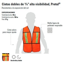 Chaleco Cintas Dobles de 3/4 Alta Visibilidad Naranja PRETUL"