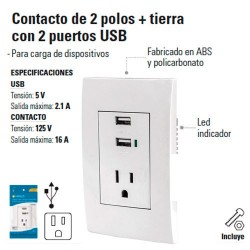 Contacto de 2 Polos + Tierra con 2 Puertos USB